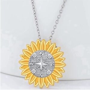 S925 Sterling Silver Compass Sunflower Necklace on 18” S925 Lobster Clasp Chain
